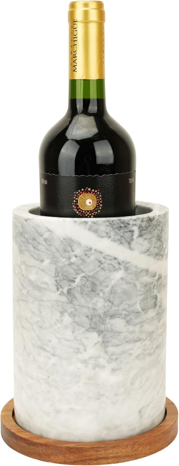 White Marble Wine Cooler with Acacia Wood Base, 5\" Diameter, 7\" Height, Elegant Natural Marble Cooler with Velvet Base, Soft Padded Wooden Base to Protect Tables