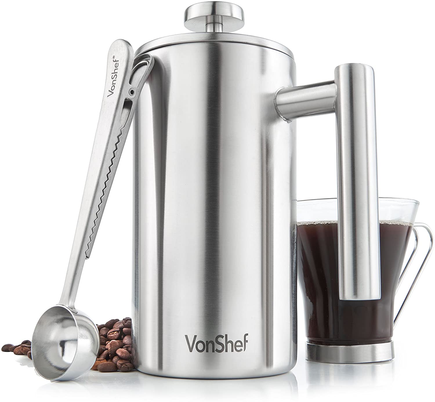 VonShef Cafetière 6 Cups Coffee Maker Coffee Filter Stainless Steel with Measuring Spoon and Bag Clip