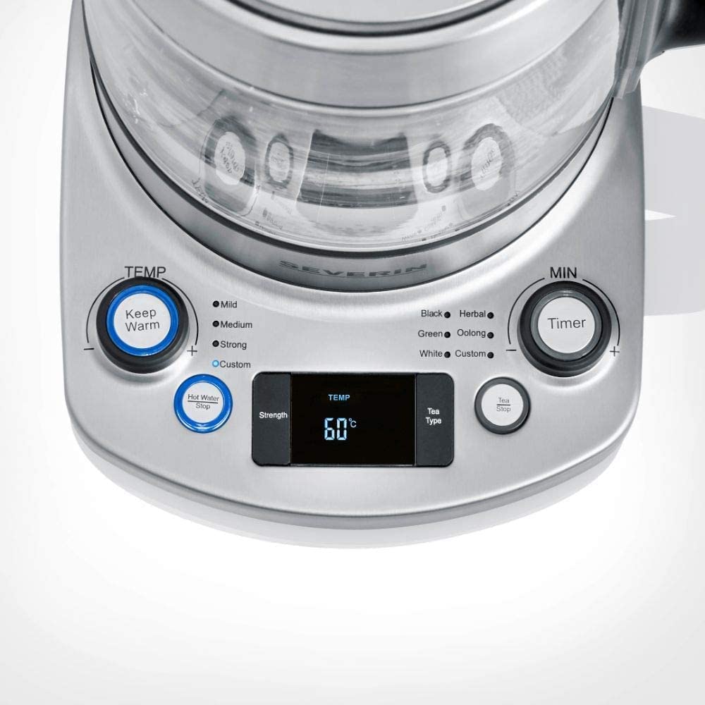 SEVERIN Tea Maker \"Professional\" with Auto Lift Function, Glass Kettle for up to 1.7 L, Electric Tea Maker with Temperature Setting, Brushed / Black, WK 3422