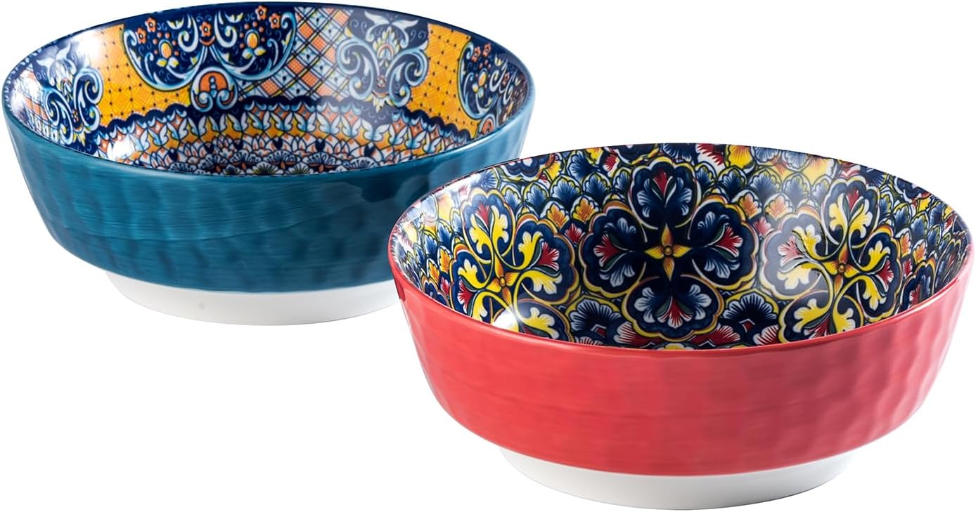 HENXFEN LEAD 1440 ml Salad Bowl, Large Porcelain Serving Bowls, Set of 2, Ceramic Bowl for Ramen, Soup, Fruit, Snacks etc. Colourful - Bohemian Style