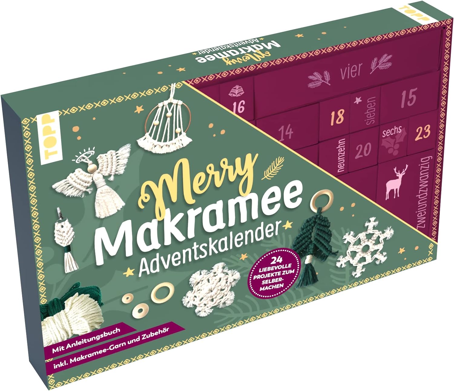 Frech Merry Macrame Advent Calendar: Material for 24 Macrame Projects. With Instruction Book
