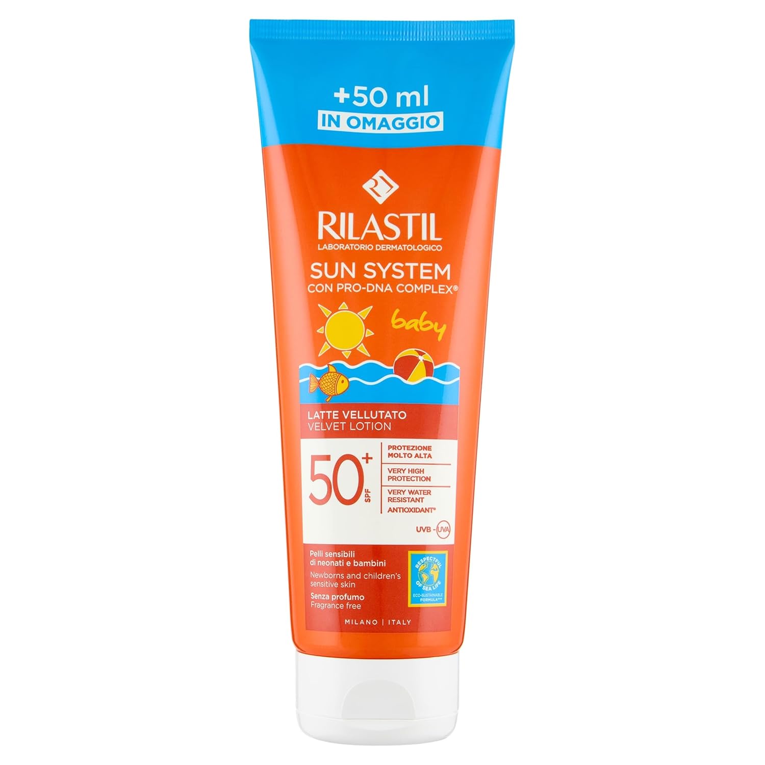 Rilastil Sun System Baby Velvety Milk, Sun Protection for Face and Body with SPF50+, for Sensitive Skin of Newborns and Children, Waterproof, 250 ml