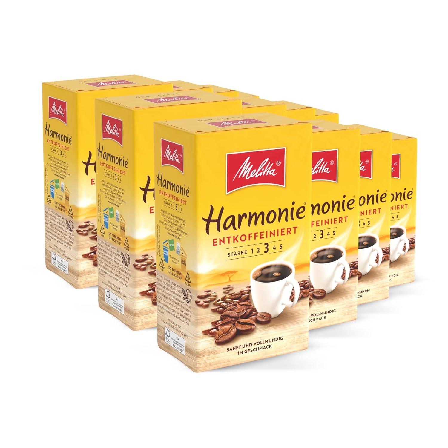 Melitta Harmonie Decaffeinated Filter Coffee 12 x 500 g, Ground, Powder for Filter Coffee Machines, Caffeine-Free, Mild Roasting, Roasted in Germany, in Tray