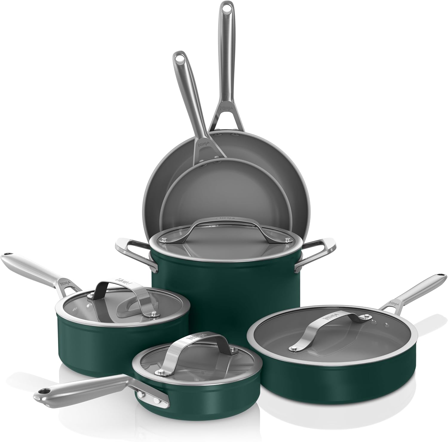 Ninja Ceramic Pro CW39010GN 10-Piece Non-Stick Cookware Set, Pots and Pans, Non-Stick, PTFE Free, Ceramic Coated, Oven Safe, All Hob Types and Induction Compatible