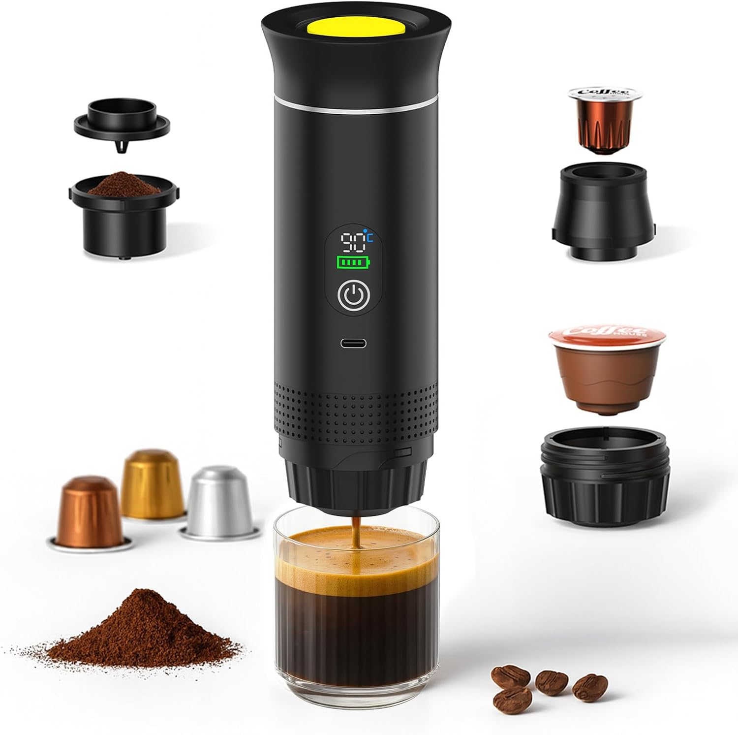 MMOBIEL Portable Coffee Machine, Electric Espresso Machine with Non-Slip Base, Self-Heating & USB-C - Compatible with Ground Coffee & Capsules for Travel, Camping, Home, Car, Office