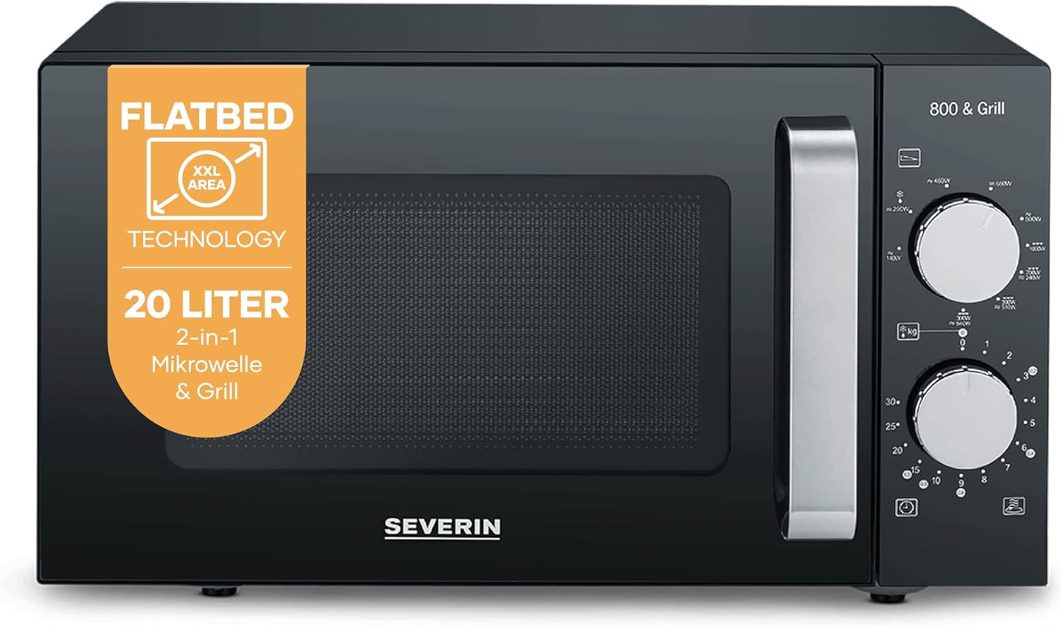 SEVERIN MW 7762 2-in-1 Microwave with Grill, Use on 2 Levels, Flat Glass Base Instead of Turntable with XXL Usable Surface for Square Dishes, Easy Cleaning, Microwave Device, 20 L, Black