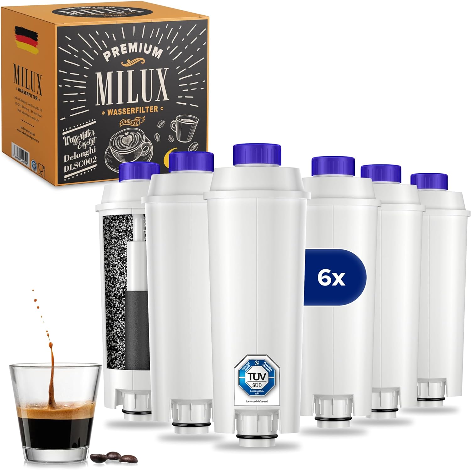 MILUX® Delonghi Water Filter for Coffee Machines & Espresso Machines [Set of 6] - Water Filter for DLSC002, Magnifica S/evo, Dinamica & Eletta Explorer - Delonghi Filter Cartridge - TÜV Certified