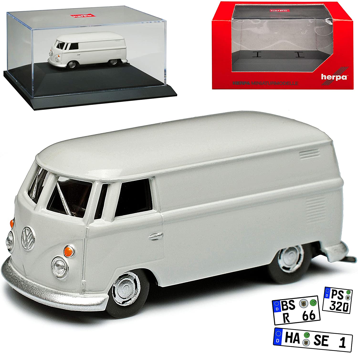 Herpa VW Volkswagen T1 Transporter Box Grey Samba Bully Bus 1950-1967 With Base And 