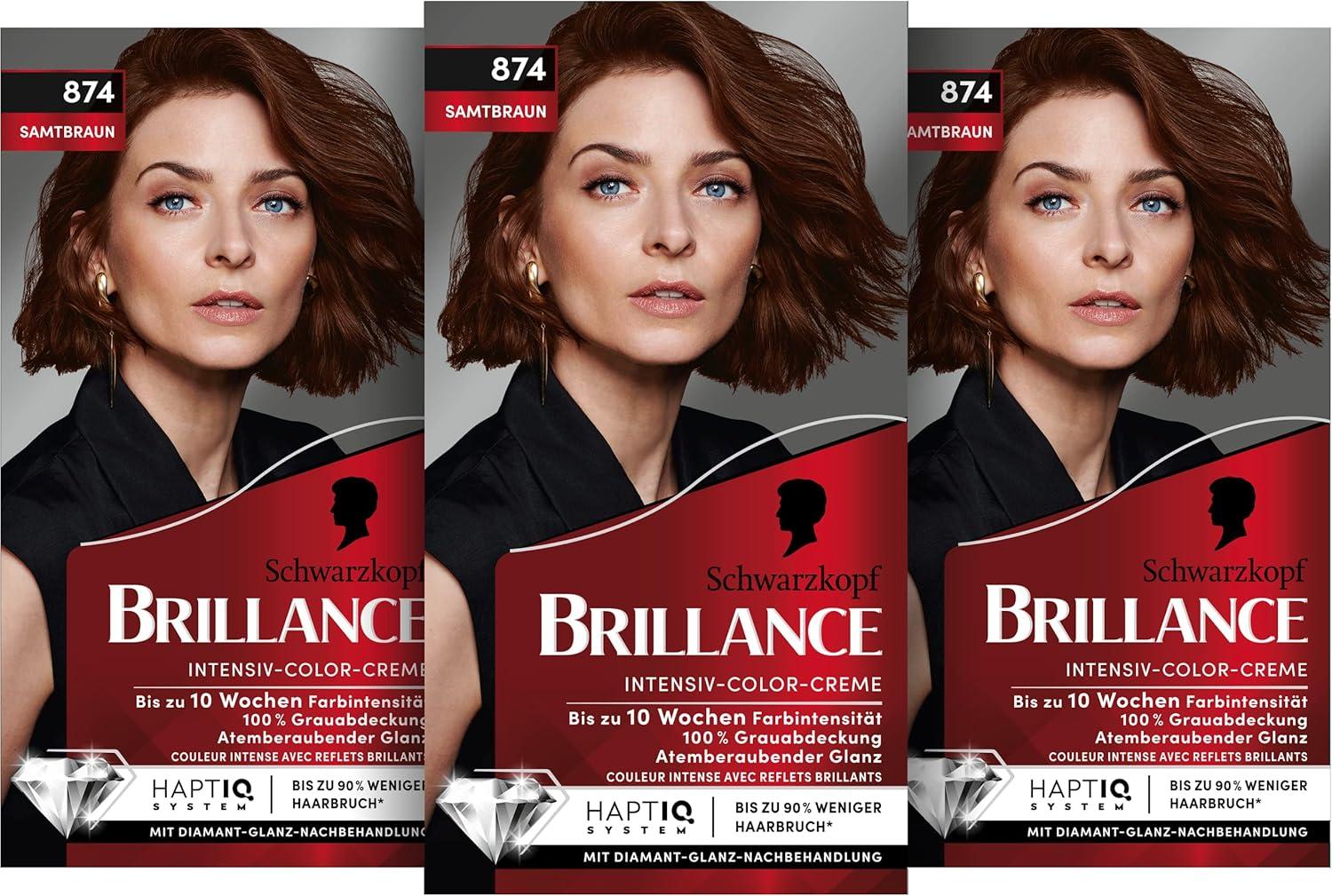 Brillance Intensive Color Cream Hair Color 874 Velvet Brown Level 3, Pack of 3 (3 x 160 ml)
