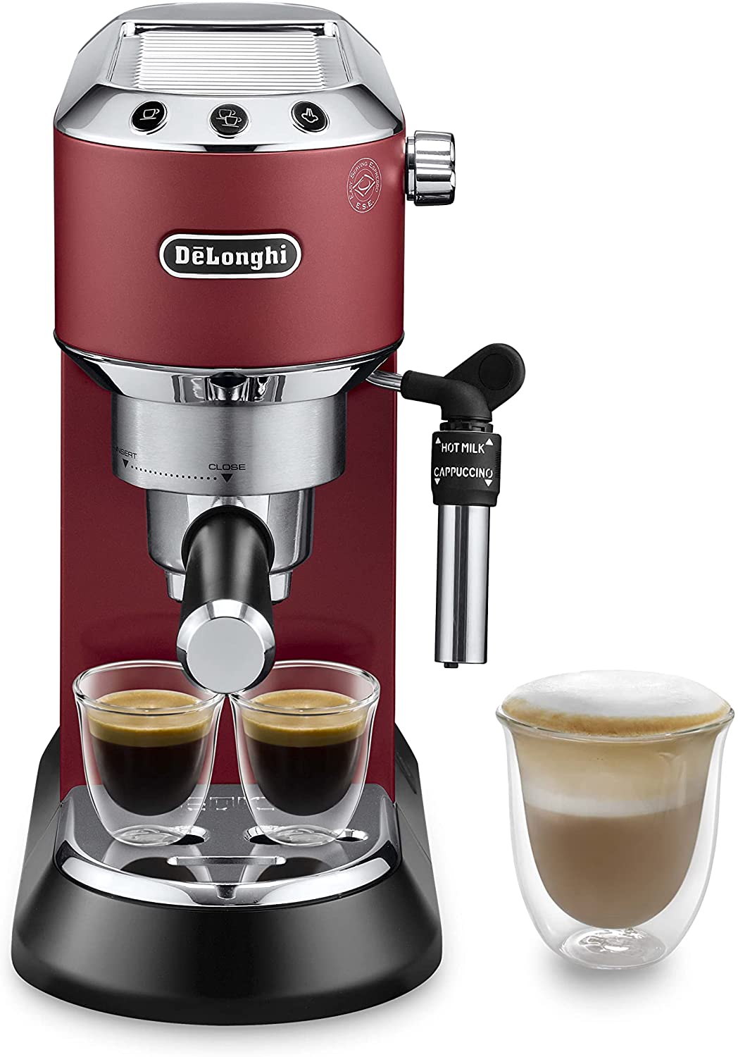 DeLonghi De\'Longhi Dedica Style EC 685.R Espresso Filter Holder Espresso Machine with Professional Milk Foam Nozzle 15 cm Wide 1 Litre Water Tank Full Metal Casing E.S.E Pads Red