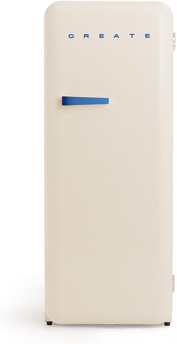CREATE Retro Friend 150 Cobalt / Fridge Freezer 281 L in Cream White, Cobalt Blue Handle / 102 W, Low Energy Consumption, 150 cm, 3 Shelves, Temperature Control, 60 x 60 x 150 cm