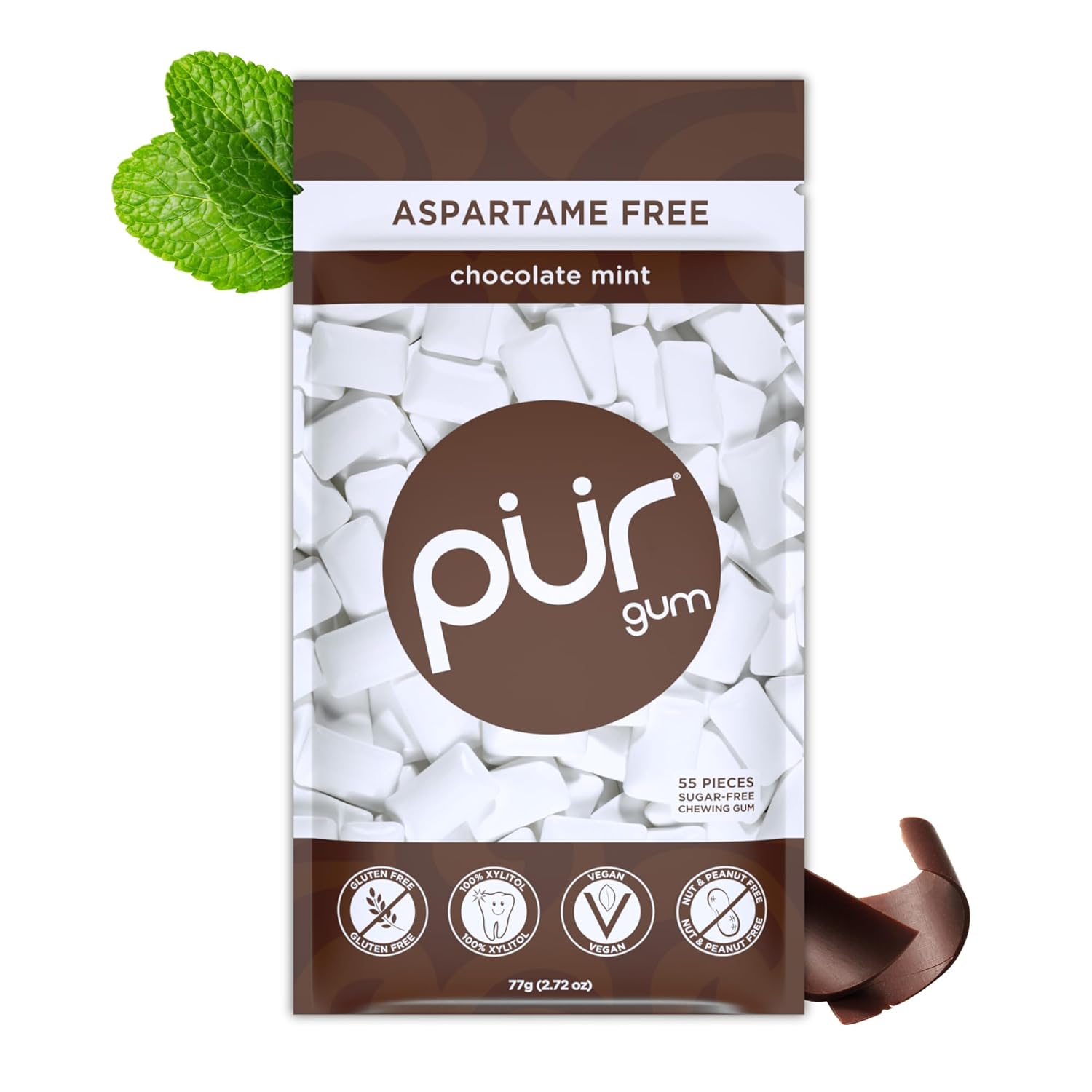 PUR Gum Store PUR Gum | Sugar-Free Chewing Gum | 100% Xylitol | Vegan, Aspartame-Free, Gluten-Free & Diabetic-Friendly | Natural Chewing Gum with Chocolate Mint Flavor, 55 Pieces (1 Pack)