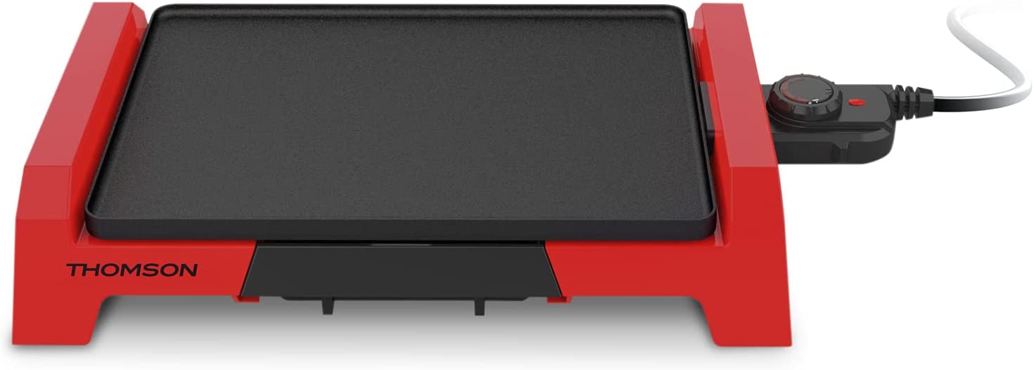 THOMSON Electric BBQ Table Grill 2000 Watt, Electric Grill with Non-Stick Coating, Grill Plate 35 x 25 cm, Adjustable and Removable Thermostat, Red