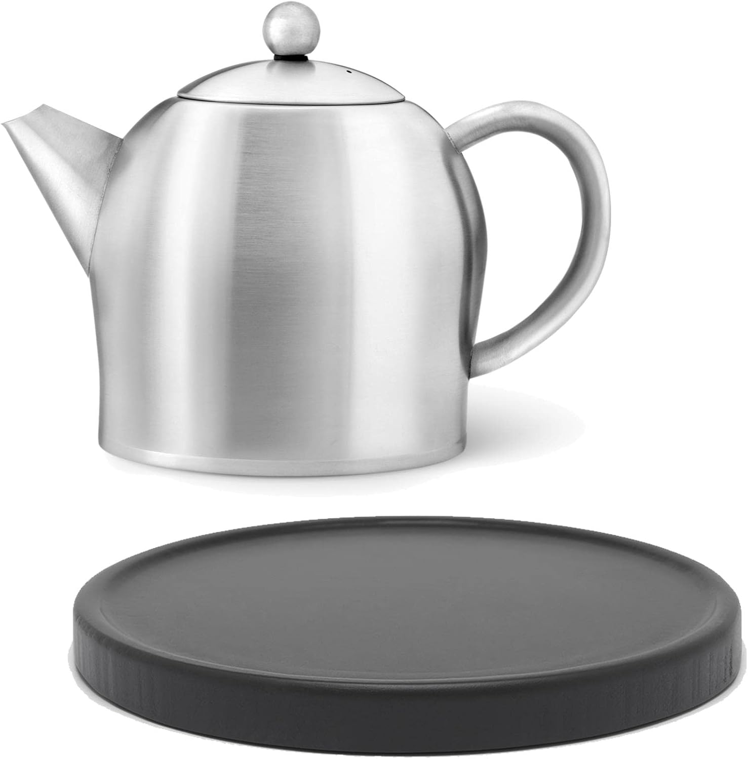 Small Matte Double-Walled Stainless Steel Teapot 0.5 Litres & Tea Maker without Filter & Black Wooden Saucer