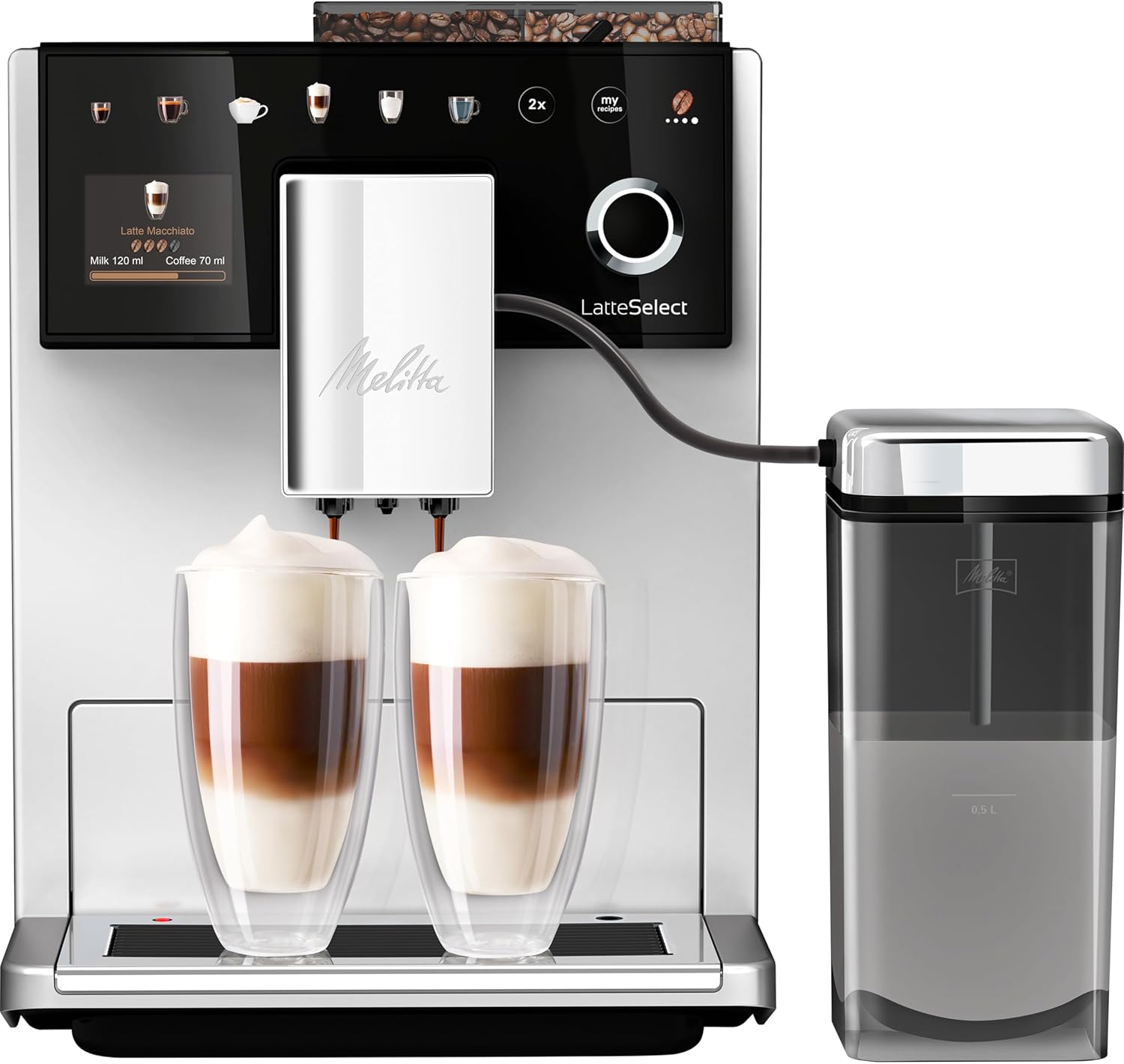 Melitta LatteSelect Fully Automatic Coffee Machine with Milk System and Integrated Tea Function, Silver