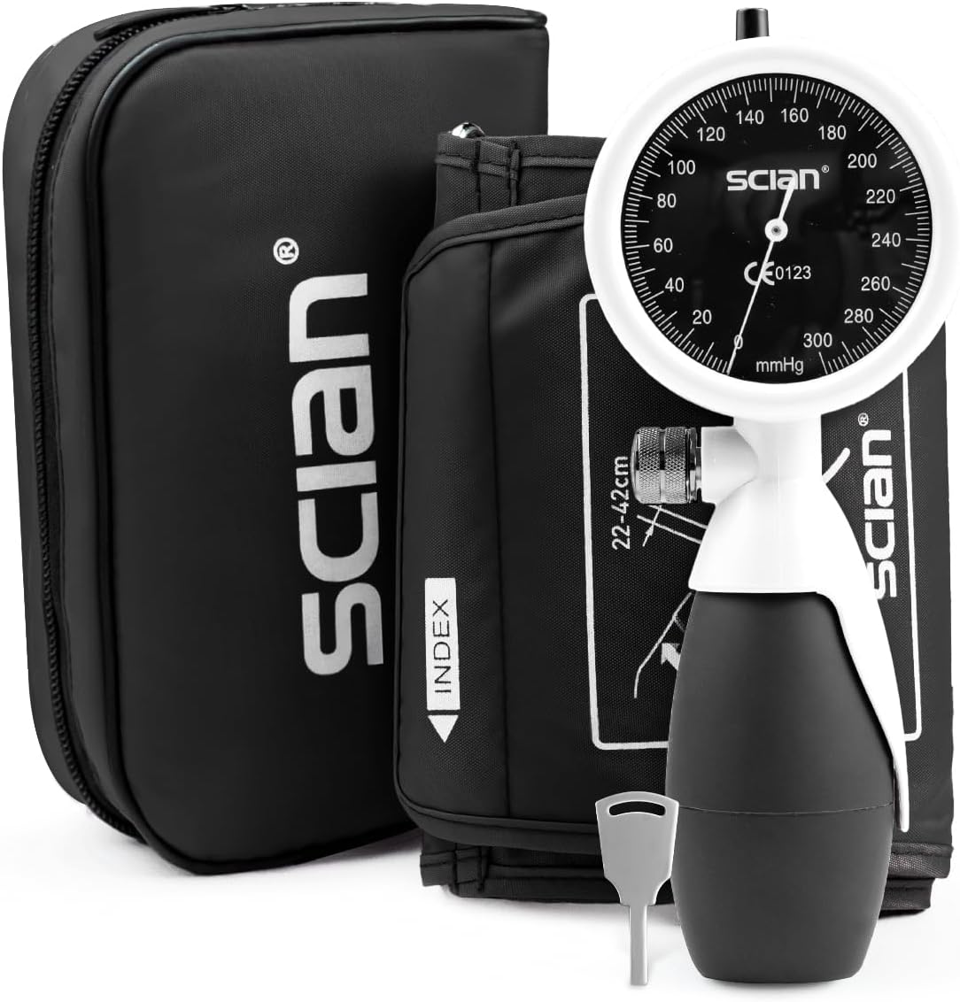 Scian Store SCIAN Manual Sphygmomanometer Aneroid Sphygmomanometer for Upper Arm Measurement with European Cuff (22-42cm) + Carry Bag for Nurses, Doctors, Seniors, Adults (White)