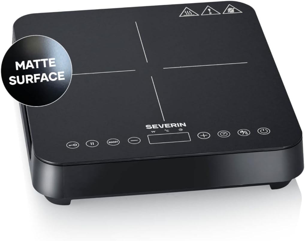 SEVERIN KP 1026 Induction Hob, 1 Plate, 10 Power Levels, Temperature Range 60-240 °C, Touch Display, Diameter 22 cm, Matte Cooking Plate, with Glass Ceramic Hob, Pot Detection, Black, 2,000 W