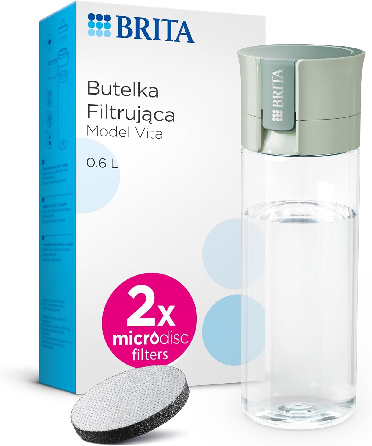 BRITA Vital Light Green 600ml Water Filter Bottle with 2 MicroDisc Filters to Hydrate Anywhere Removes Chlorine, Impurities, Hormones and Preserves Minerals