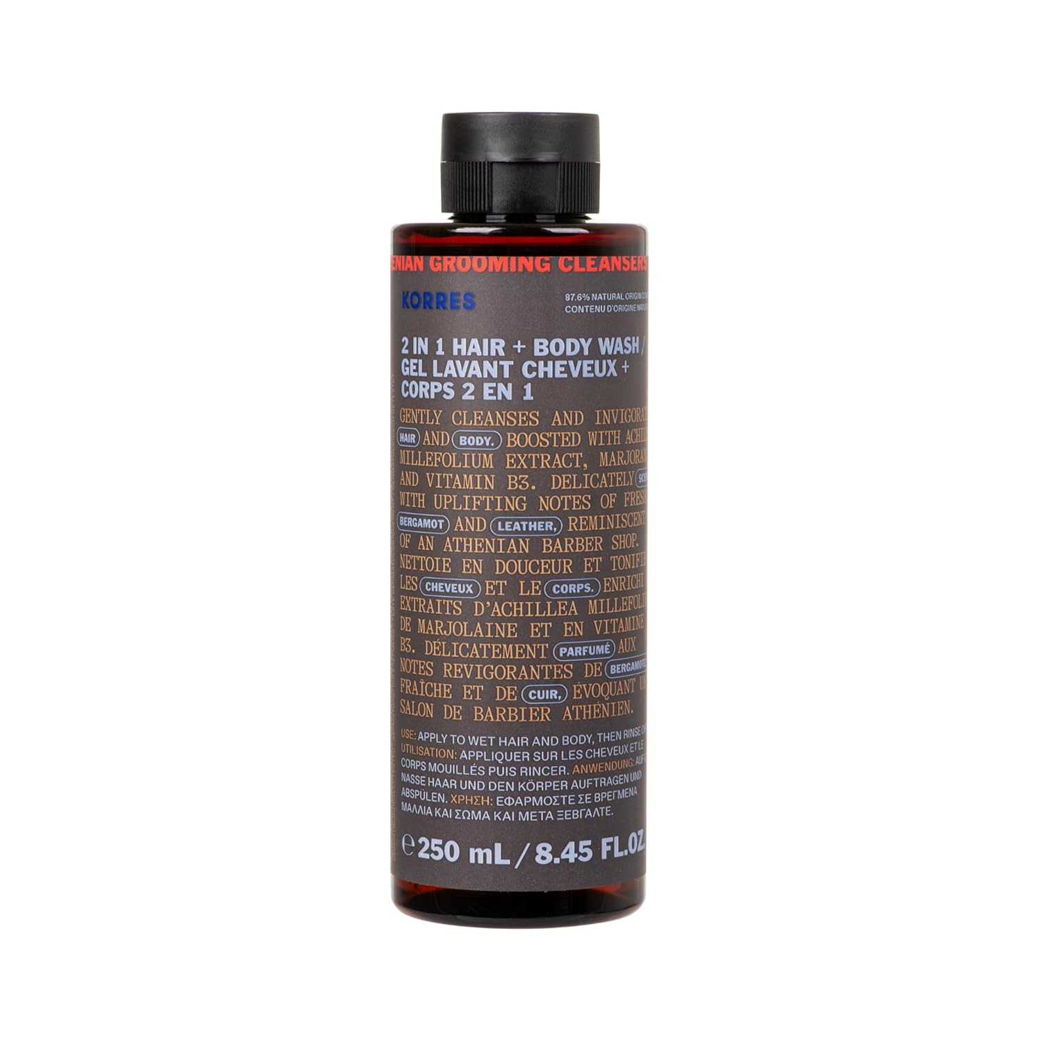 KORRES ATHENIAN GROOMING 2-in-1 Shampoo and Shower Gel for Men, Moisturizing and Detangling, with Invigorating Notes of Fresh Bergamot and Leather, Silicone and Paraben Free, 250 ml