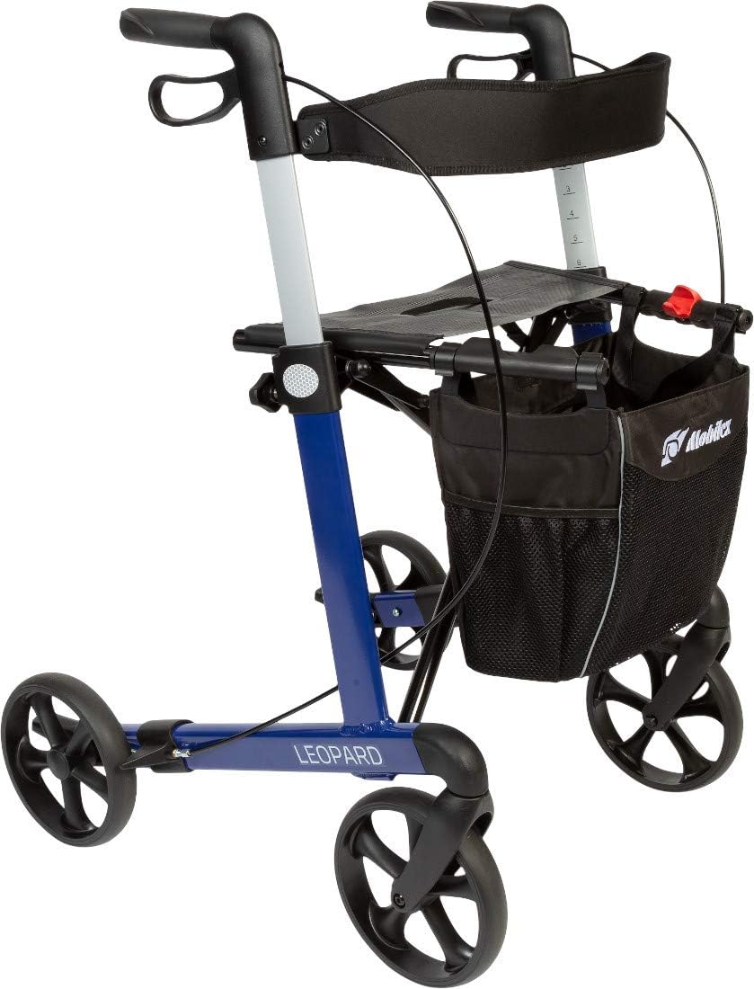 FabaCare Leopard Rollator with Single Hand Brake Left Right Lightweight Rollator Foldable Full Equipment up to 150 kg (Blue)