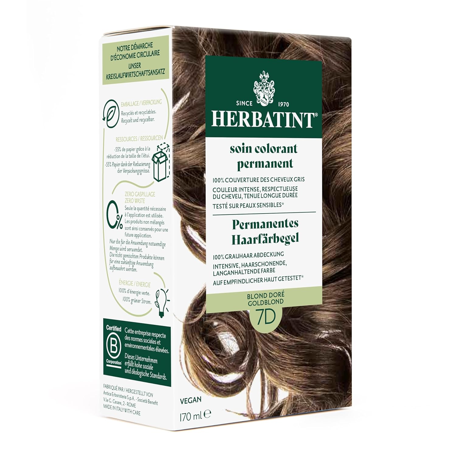 Herbatint Permanent Hair Dye Gel 7D Golden Blonde - 170 ml I No Ammonia, Optimal Gray Hair Coverage I Tested for Sensitive Skin with 8 Plant Extracts