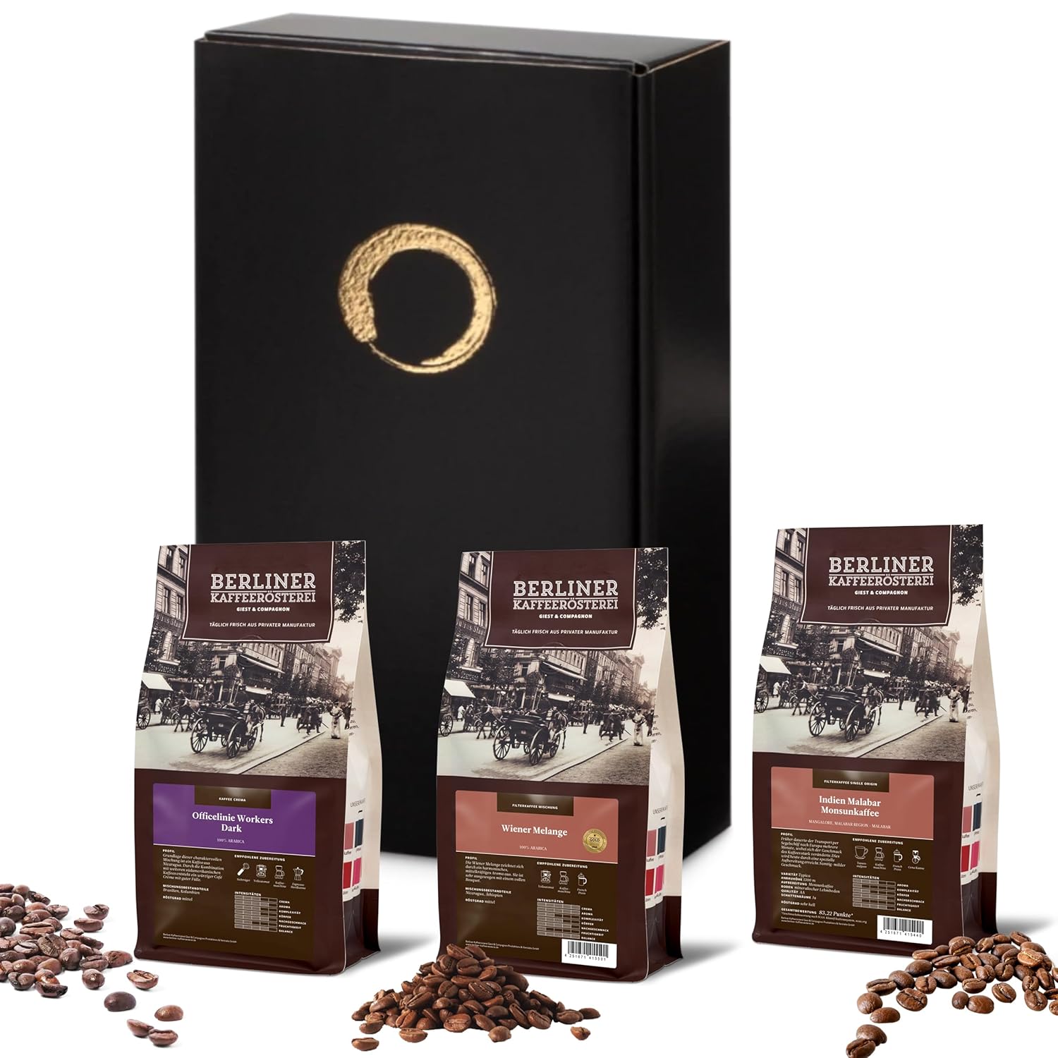 GUSTONE. Premium Coffee Gift Set | 3 Top Coffees of the \"Berlin Coffee Roastery\" | Vienna Melange, India Malabar Monsoon Coffee, Workers Dark