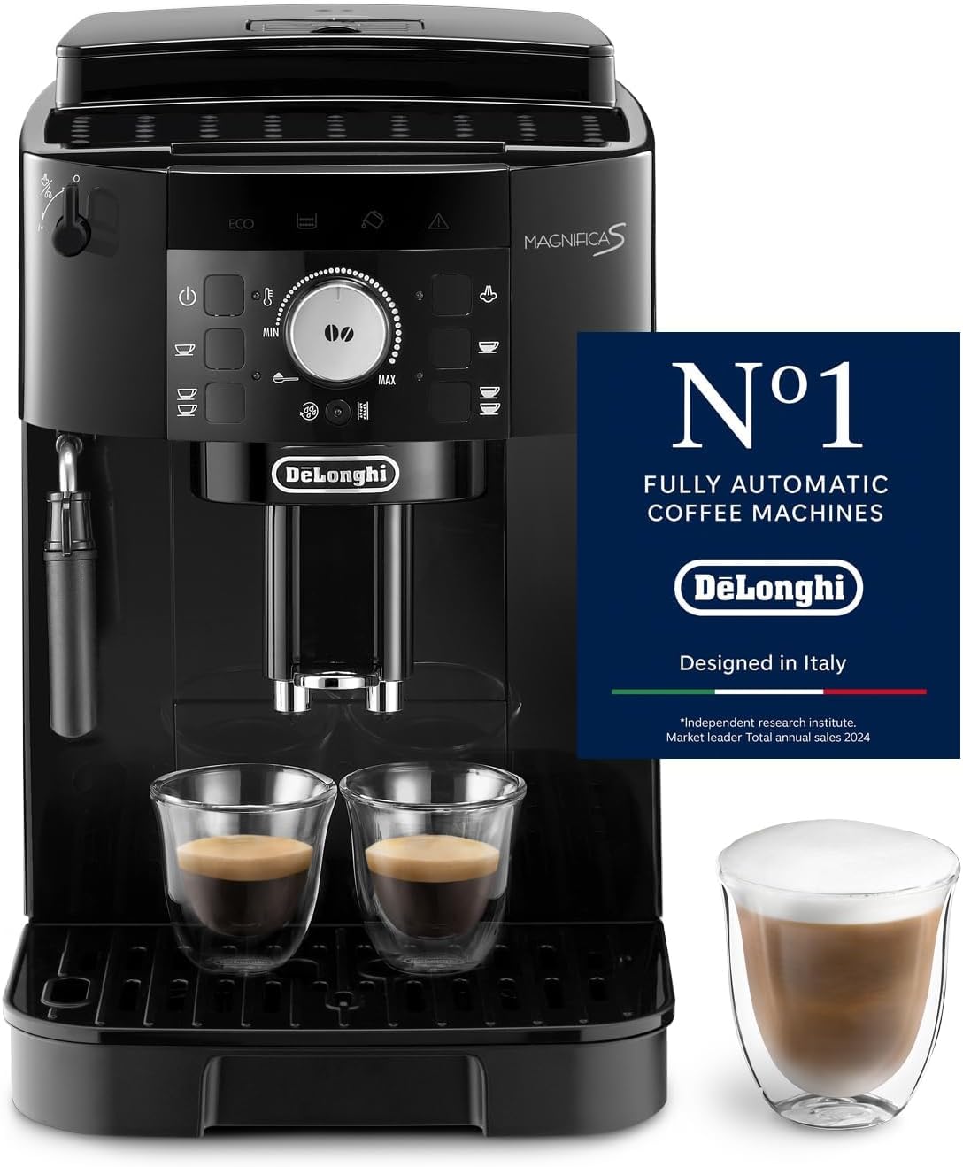 De\'Longhi Magnifica S ECAM11.112.B, Fully Automatic Coffee Machine with Milk Frothing Nozzle for Cappuccinos, with Espresso Direct Selection Buttons and Rotary Control, 2 Cup Function, Black