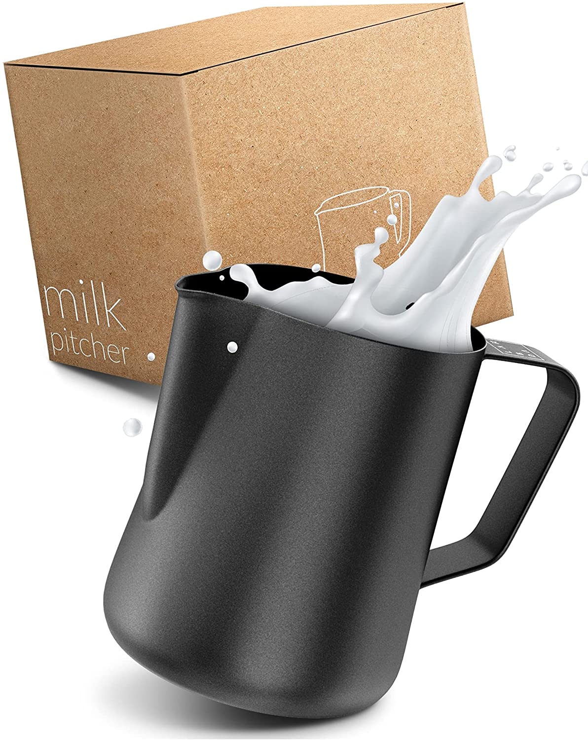 Lambda Coffee Milk Jug for Barista Teflon Coated Black for Milk Foam, Stainless Steel Milk Frothing Jug and Latté Art, Milk Jug and Milk Pitcher, Black, 600 ml