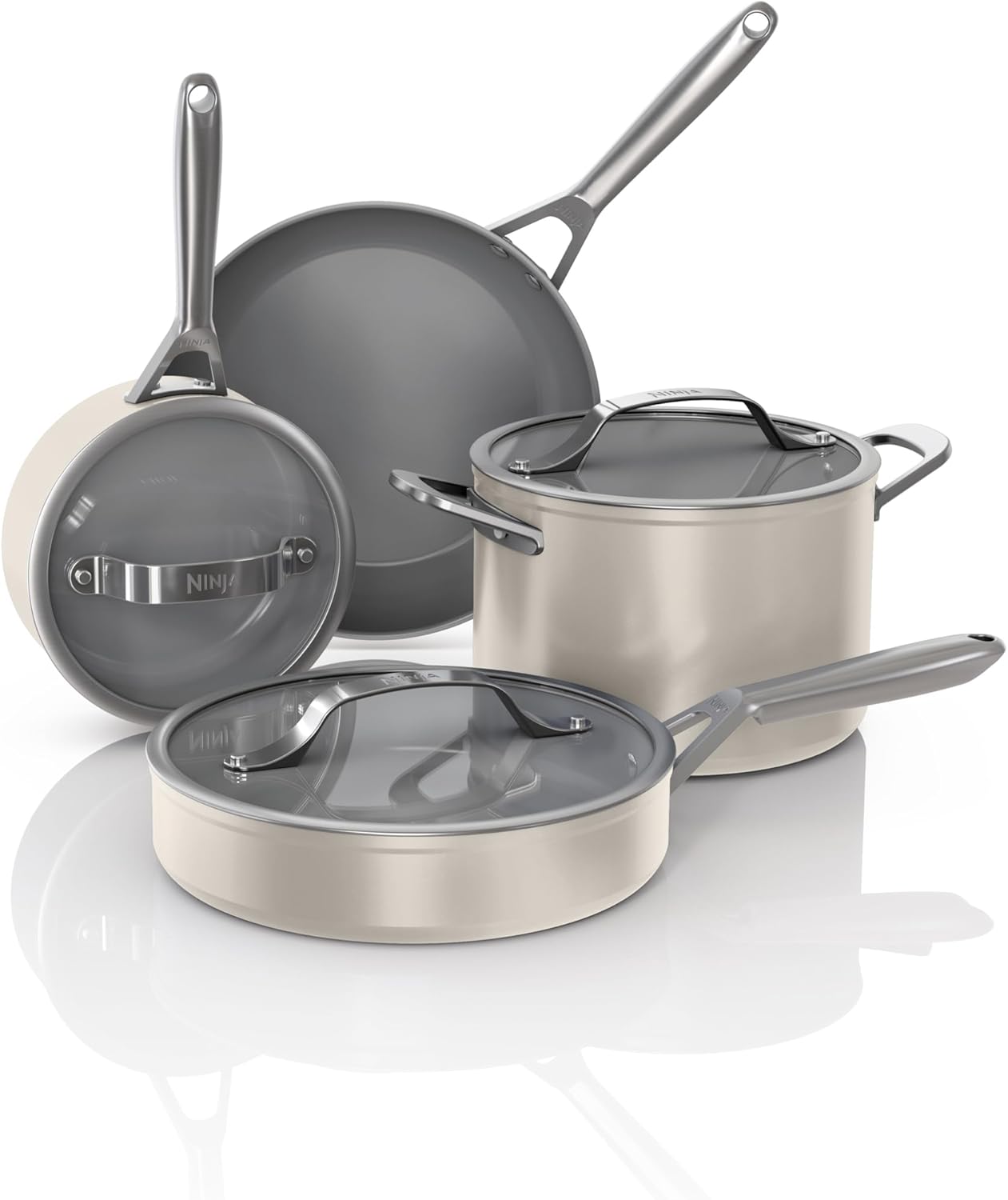 Ninja NeverStick Ceramic Pro 7 Piece Cookware Set, Non-Stick Pots, Pans, Glass Lids, Ceramic Coated, Stainless Steel Handles, Cooker to Oven Safe, All Hobs &