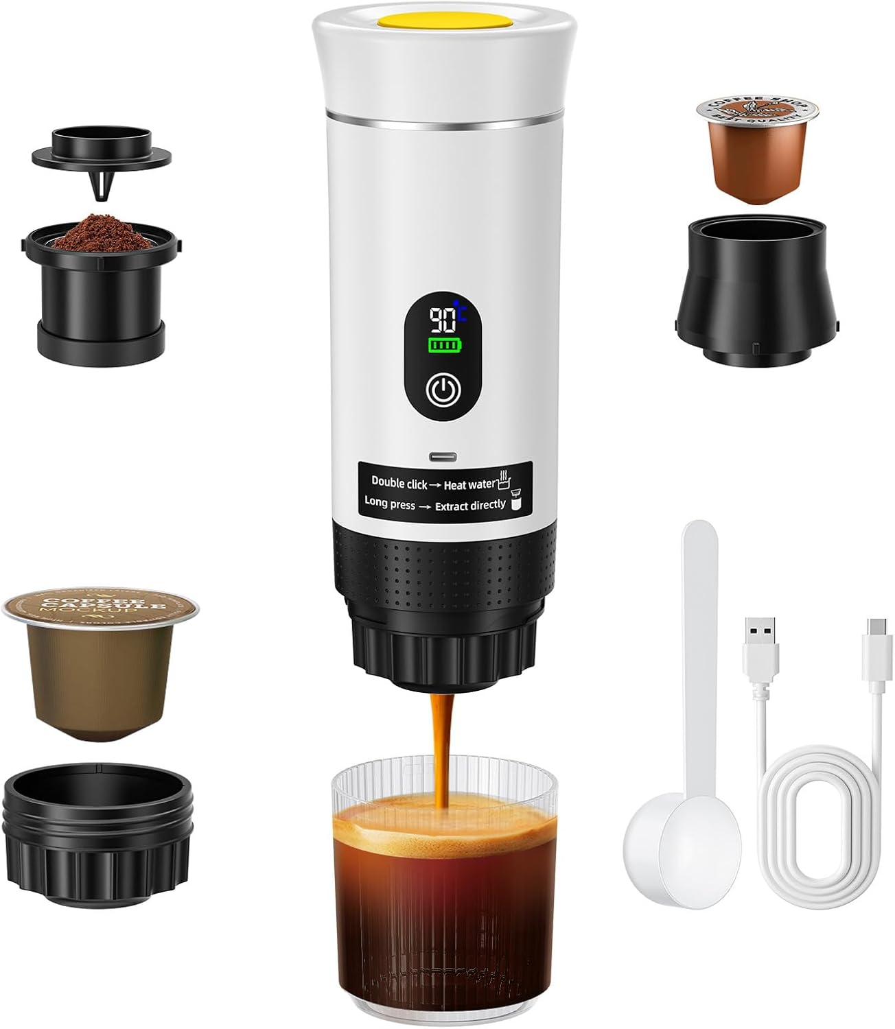Portable Coffee Machine, 3-in-1 Battery Espresso Machine, Capsule Machine, Compatible with Capsule and Ground Coffee, Motorhome Gadgets and Camping Gifts (White)