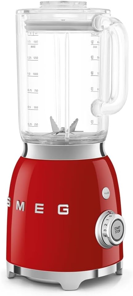 Smeg, BLF03RDEU, 1.5 L Blender, 4 Speed ​​Levels, 4 Automatic Programs, Removable Double Blade, Transparent Lid Opening with Dosing Cap, Non-Slip, 800 W, Red