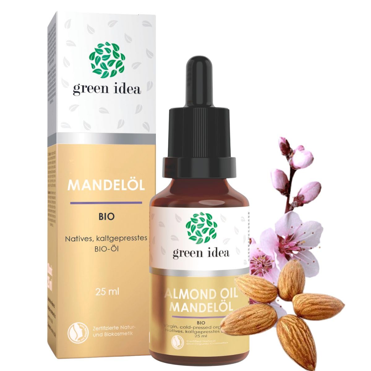 Green idea - Organic Almond Oil for Cosmetics Cold Pressed | Anti-Wrinkle Face Oil | Natrue Certificate | Organic Certified Vegan | Body Oil Dry Skin and Hair | Organic Almond Oil 25 ml
