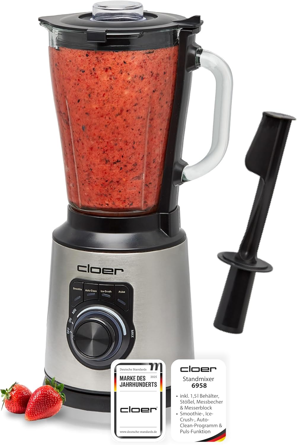 Cloer Store Cloer 6958 Blender with 1.5 L Glass Container and 6-Blade Knife, Mixer with Smoothie, Ice Crush, Auto Clean Programs & Pulse Function, Infinitely Adjustable Speed, 1200 W