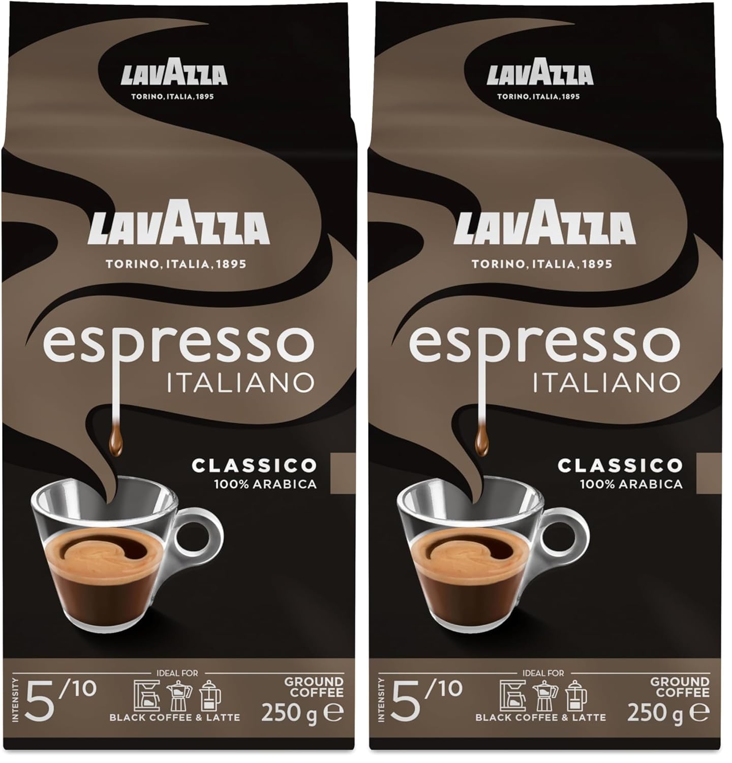 Lavazza Store Lavazza, Espresso Italiano Classico Ground Coffee with Floral and Fruity Aromatic Notes, Ideal for Mocha Pots or Filter Coffee, 100% Arabica, Intensity 5, Medium Roast, 250 g Pack