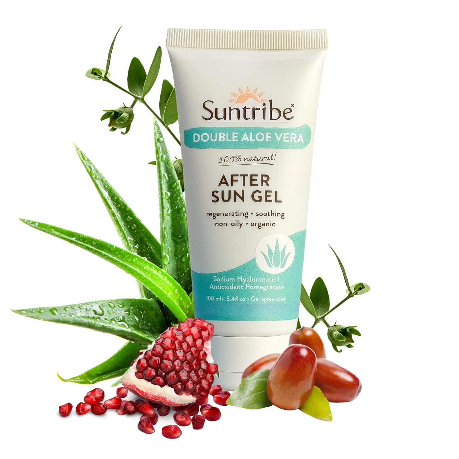 Suntribe Organic Aftersun Gel Double Aloe Vera / 100 ml - 100% Natural & Vegan - Moisturising Hyaluronic + Antioxidant Pomegranate Extract - Fragrance-Free