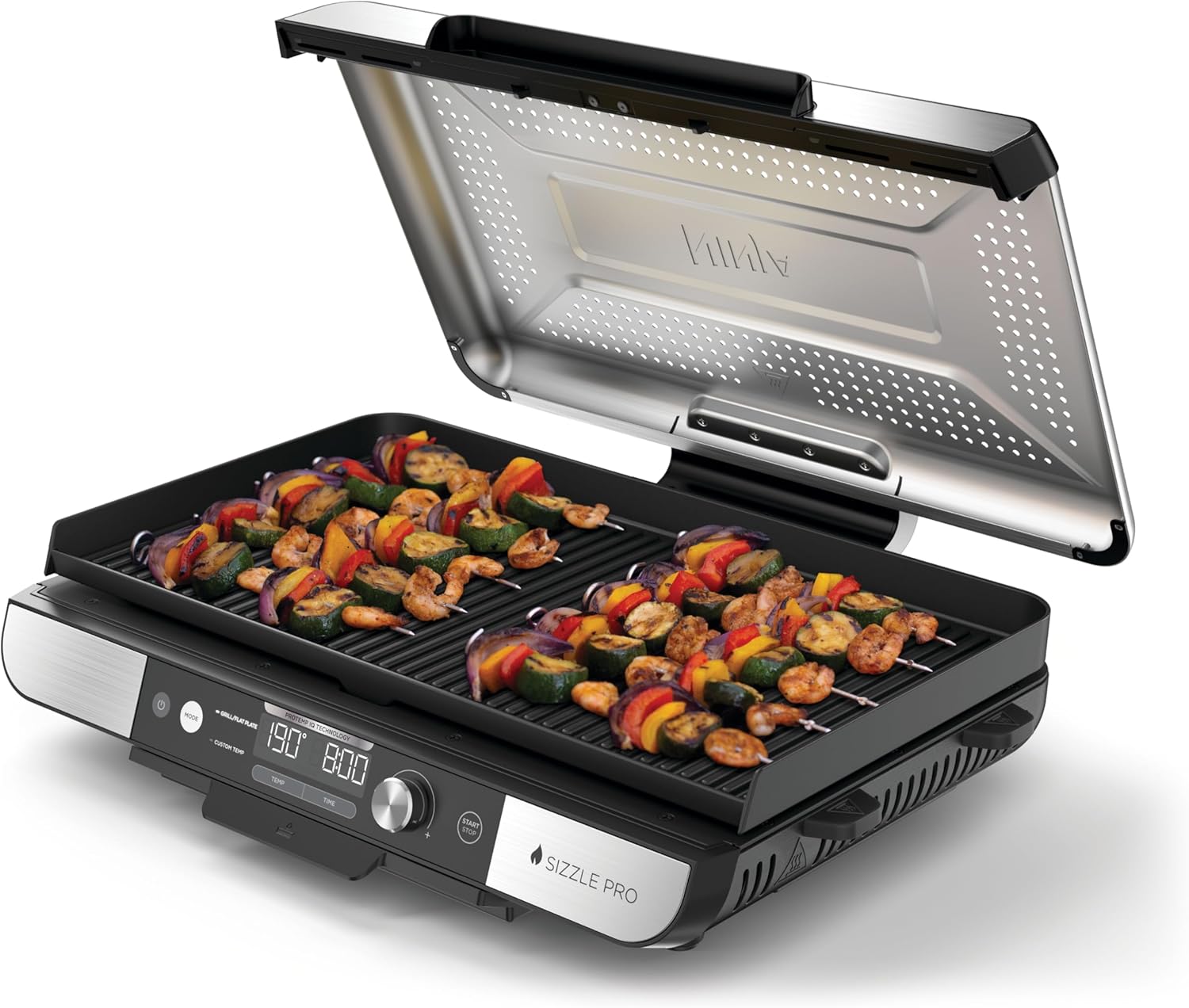 Ninja Sizzle Pro XL Indoor Grill & Plancha, Includes Grill Plate & Top Plancha with Non-Stick Ceramic Coating, Removable Lid, Grease Tray, Recipe Booklet, Silver/Black GX101EU