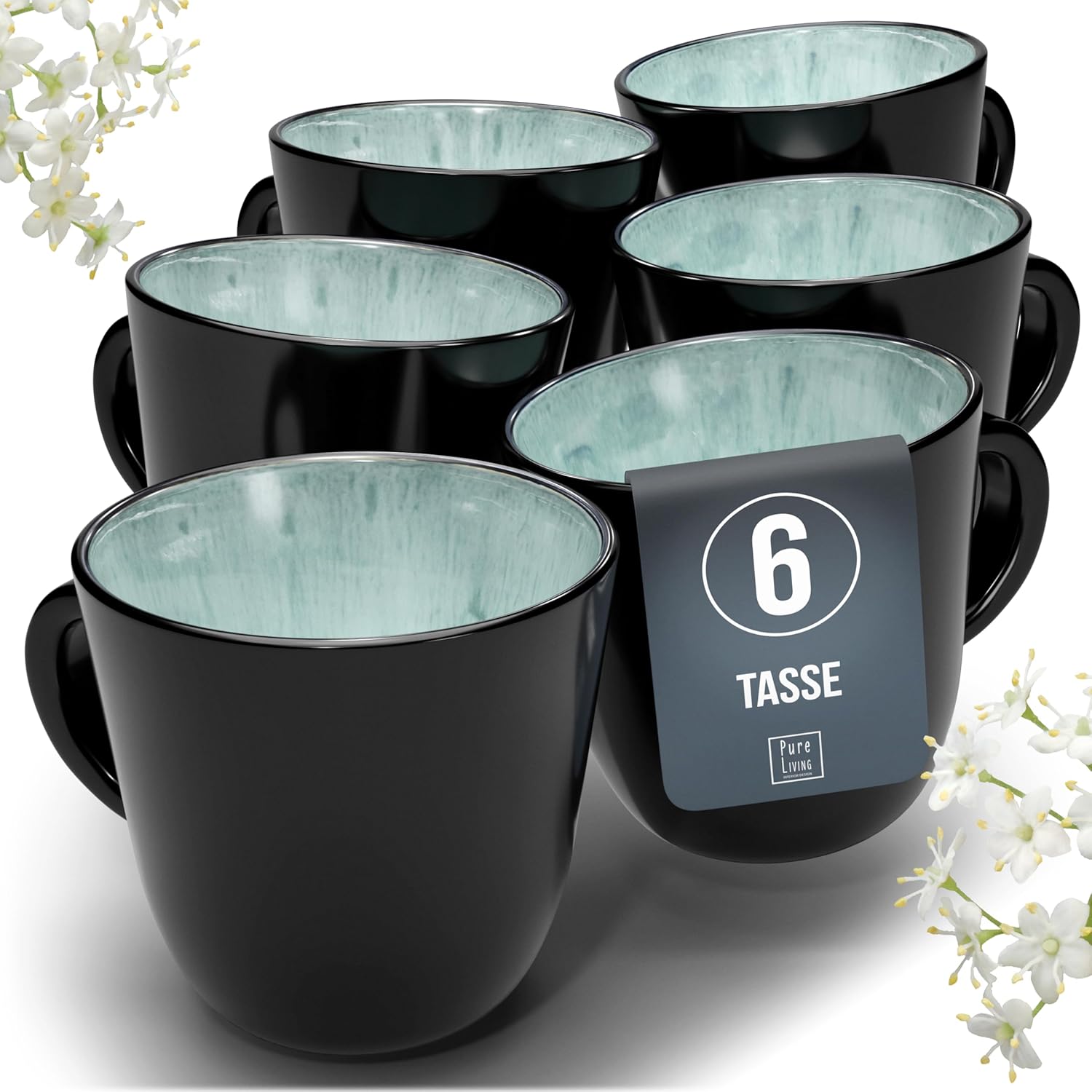 Pure Living Ibiza Stoneware Coffee Cups for 6 People, Test Winner, Dreamy Mediterranean Stoneware Cup Set, Stylish Tea and Coffee Mug Set, Sage Green