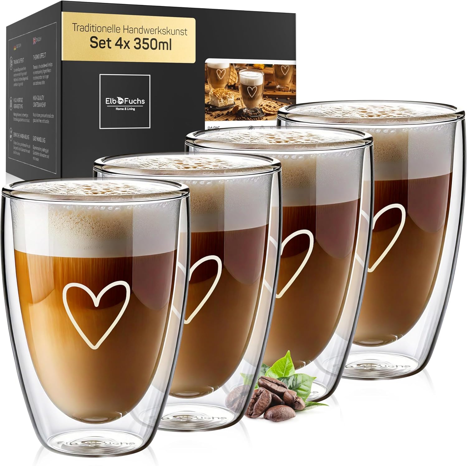 Latte Macchiato Glasses Double-Walled, 4 x 350 ml, Gift Idea with HEART, Crystal Clear Thermal Glasses Double-Walled, Ideal as Cappuccino Glasses, Coffee Glasses, Tea Glasses