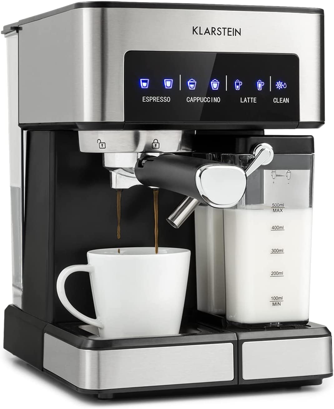 Klarstein Arabica Comfort Espresso Machine - 1350 Watt Portafilter Machine, Portafilter Coffee Machine with 1.8 Litre Water Tank, 20 Bar Filter Holder Machine with Grinder, Touch Control Panel, Stainless Steel