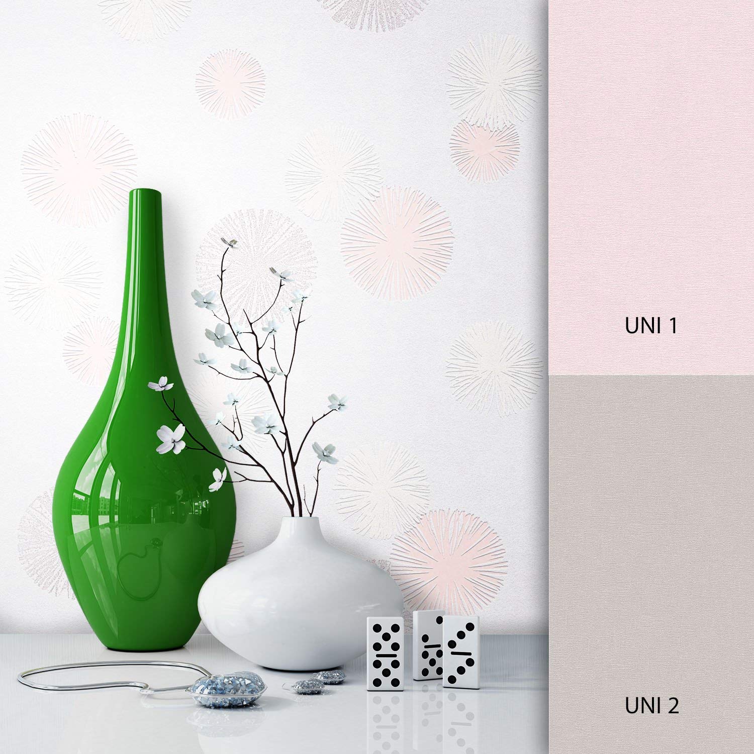 Newroom Design Newroom Non-Woven Wallpaper Cream Metallic Pink Graphic, Modern, Nature Fun