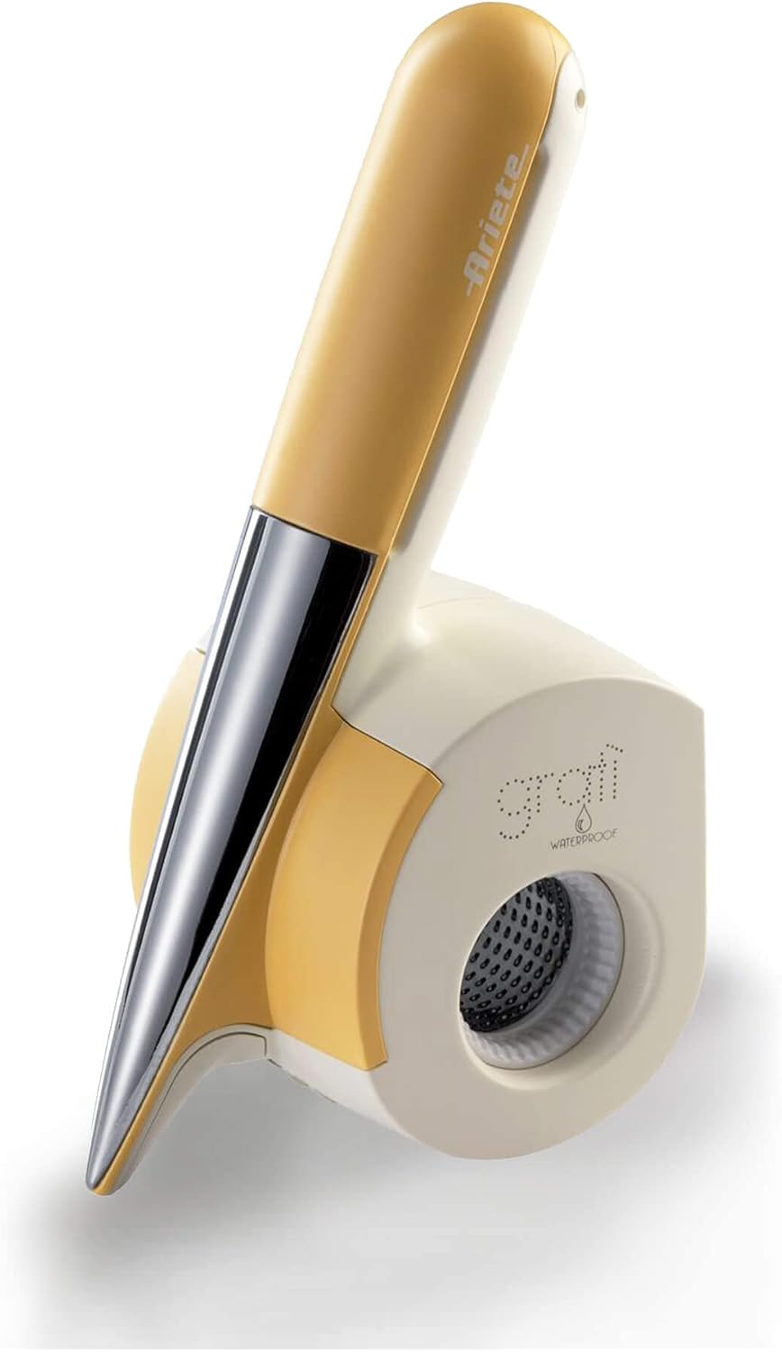 Ariete 457 Gratì Waterproof, Waterproof Electric Grater for Cheese, Chocolate and Nuts, Wireless, Washable, 2 Stainless Steel Rollers, White and Yellow