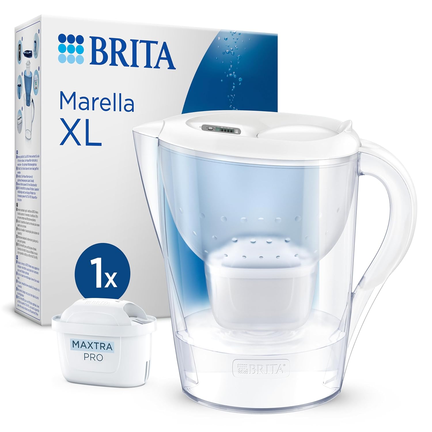 BRITA Marella XL Water Filter Jug White (3.5 L) Including 1x Maxtra Pro Pure Performance Cartridge - Large Filter Jug with Smart Light LED & Folding Lid, Filters Impurities & More