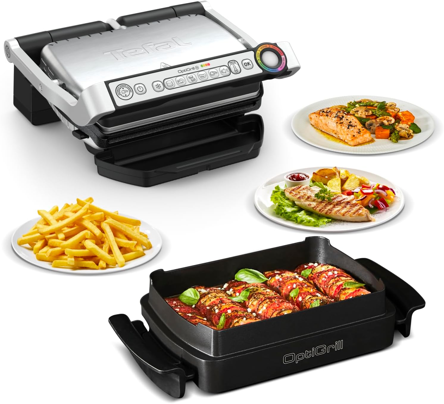 Tefal OptiGrill & Bake Contact Grill with Baking Tray, 6 Programs, Cooking Level Display, Removable Plates, Electric Grill, Stainless Steel, GC714D10