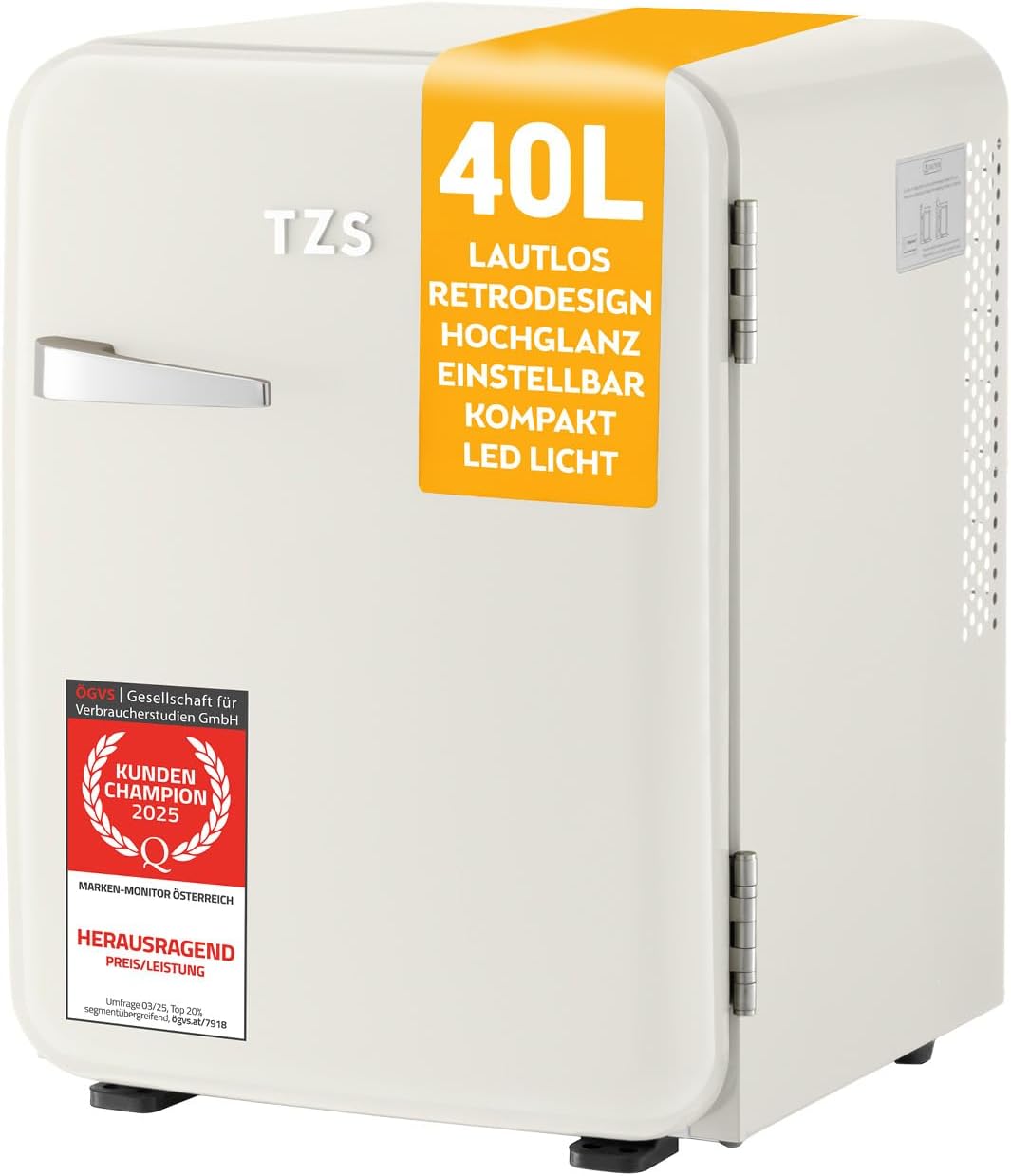 TZS First Austria - Retro Mini Fridge 40L Silent - Small Mini Fridge in Vintage Design with Interior Lighting & 2 Door Compartments - Mini Bar for Camping, Office, Bedroom & Hotel - Cream