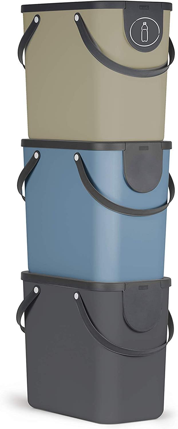 Rotho Albula Set of 3, Waste Separation System, 25 L for the Kitchen, Plastic (PP) BPA-Free, Anthracite/Blue/Cappuccino, 3 x 25 L (40.0 x 23.5 x 34.0 cm)