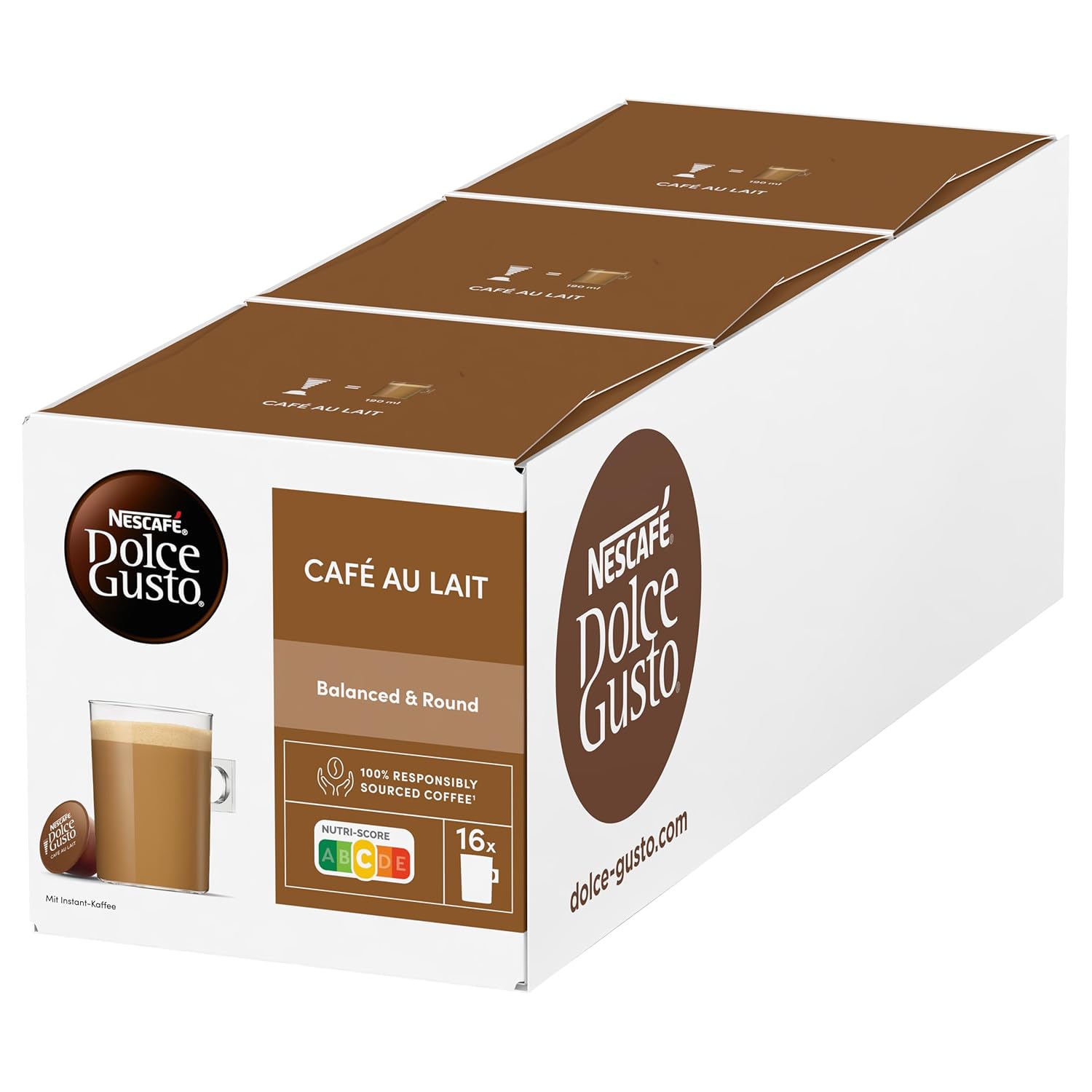 NESCAFÉ Dolce Gusto Café au Lait 48 coffee capsules (selected Robusta beans, light coffee with creamy milk froth, quick preparation, flavor-sealed capsules) 3 pack (3 x 16 capsules)
