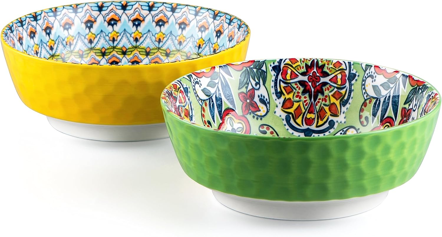 HENXFEN LEAD Large Porcelain Salad Bowl, 1440 ml Serving Bowls, Set of 2, Ceramic Bowl for Ramen, Soup, Fruit, Snacks etc. Colourful - Bohemian Style