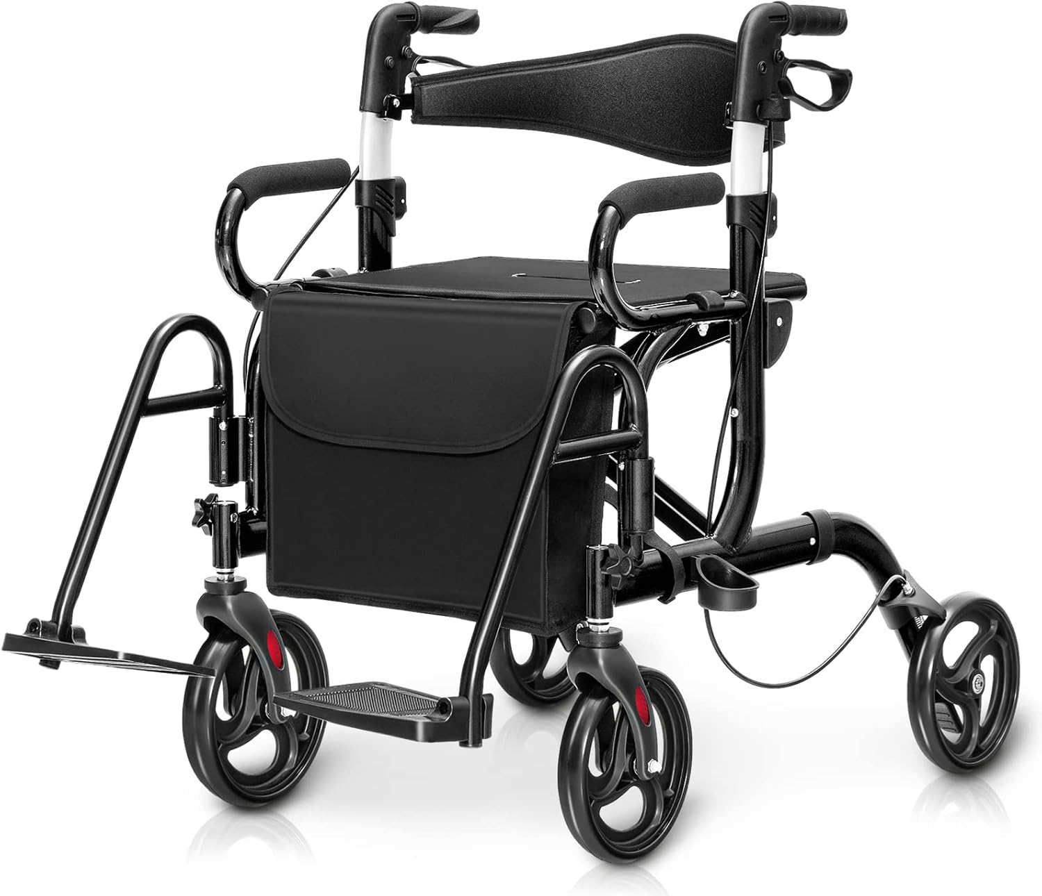 RELAX4LIFE 2-in-1 Wheelchair Rollator Foldable and Lightweight with Seat, Rollators 6-Way Height Adjustable, Lightweight Travel Rollator Aluminum, Walking Aid with Rubber Tires, Bag, Stick Holder