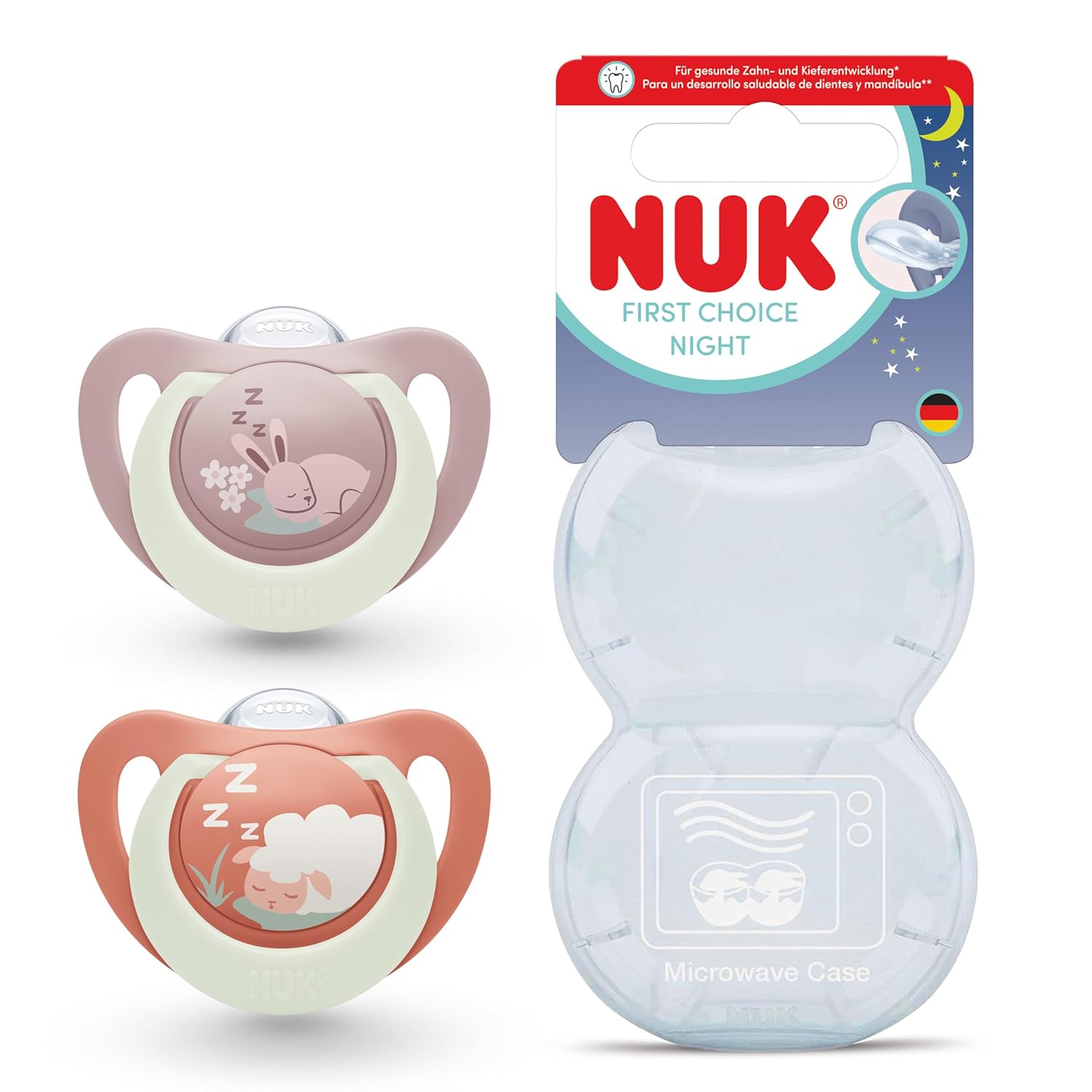 NUK First Choice Night Baby Dummy | 18-36 Months | Orthodontic Dummies that Glow in the Dark | Soothes 99% of Babies** | Rabbit/Sheep | 0-2 pieces