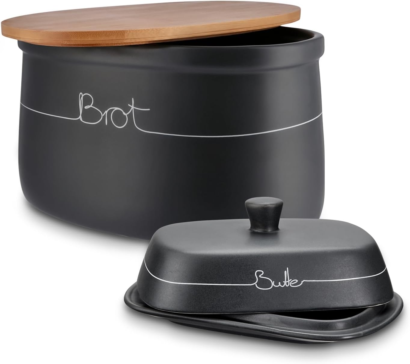 KHG Bread Bin Butter Dish Set of 2 Ceramic Stoneware Polished Anthracite Gray, Wooden Lid Bamboo Chopping Board, Capacity 9 Liters & 200 g Butter Block, BPA-Free, Ventilation Holes, Labeled